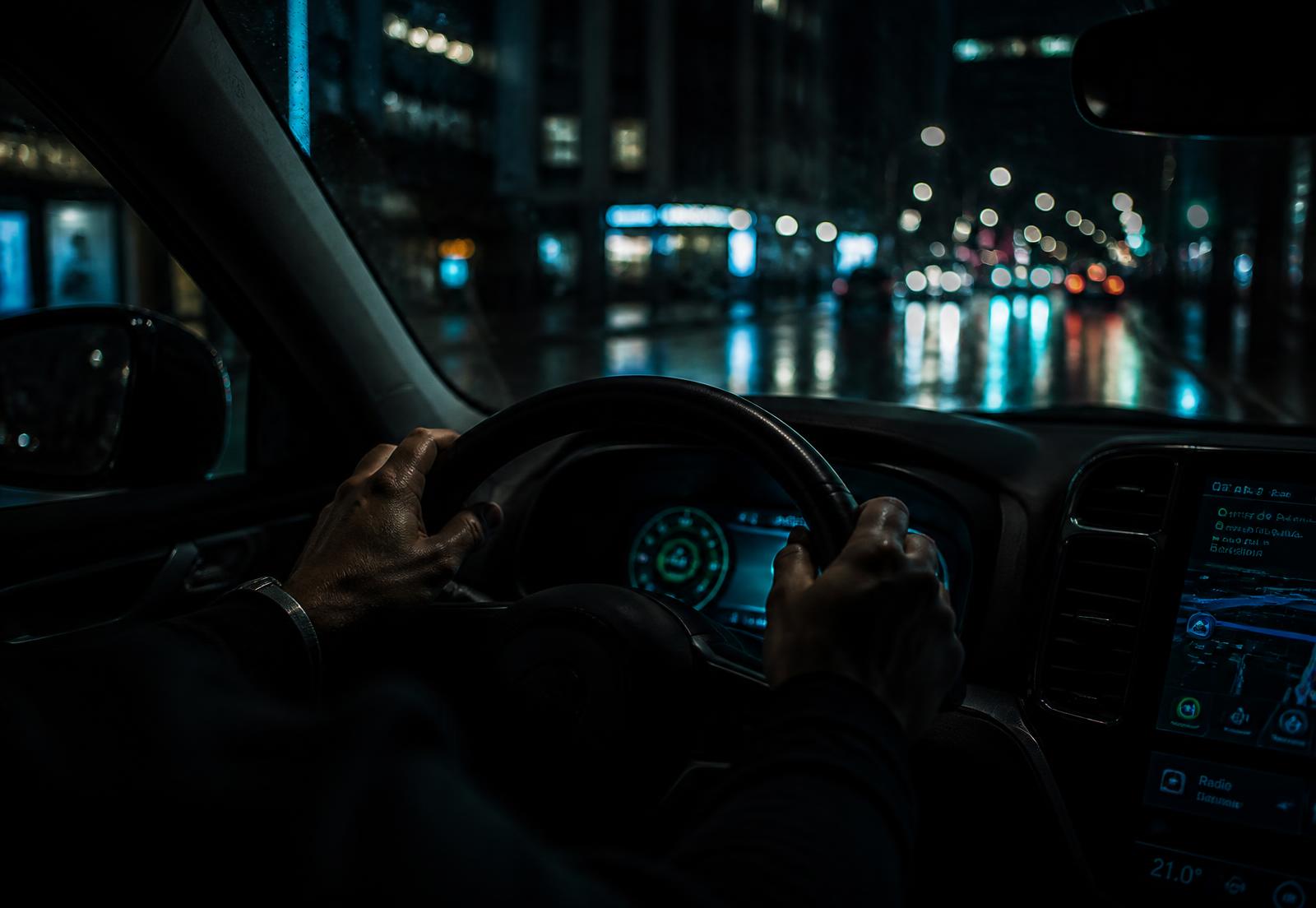 Motorista de aplicativo dirigindo à noite na cidade